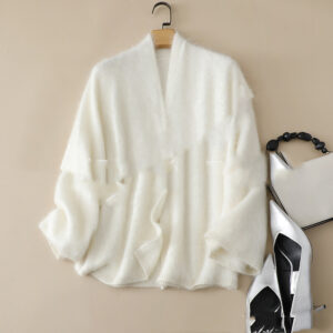 Loose-fit Brushed Cashmere Sweater With A Straight-cut Long-sleeved V-neck Cardigan Design And A Shawl-style Collar